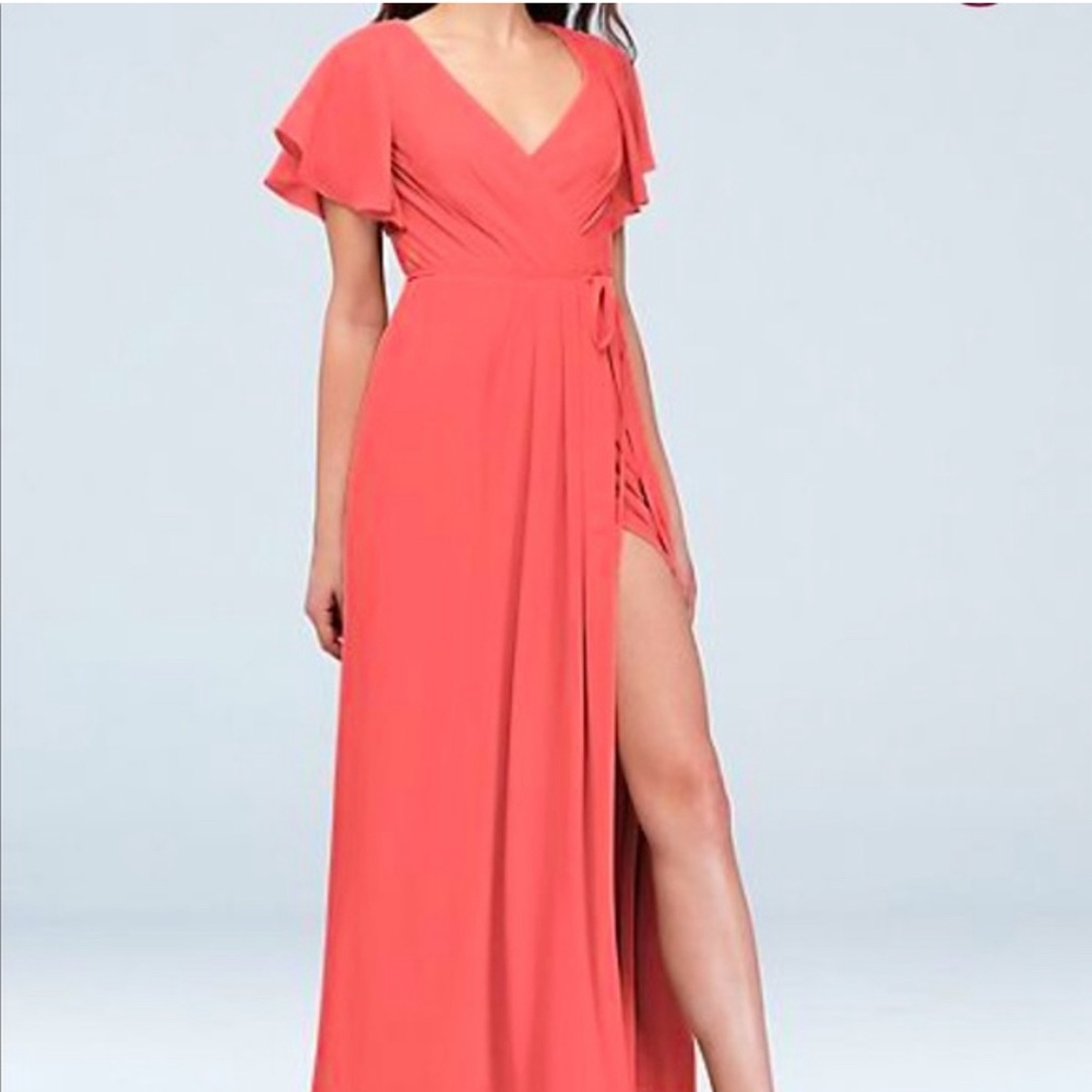 David’s Bridal women’s Flutter sleeve warp maxi dress coral reef size 4